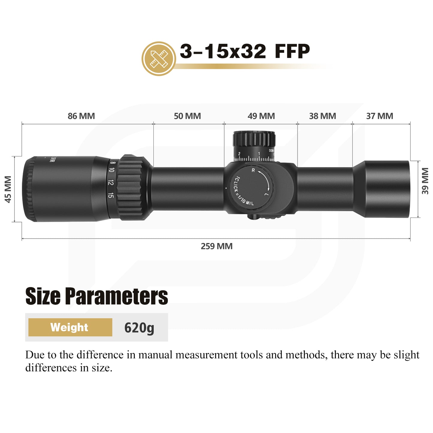 SPINA OPTICS FalconPoint HD 3-15x32 FFP SFIR Com retículo iluminado Parallax 5 jardas até o infinito