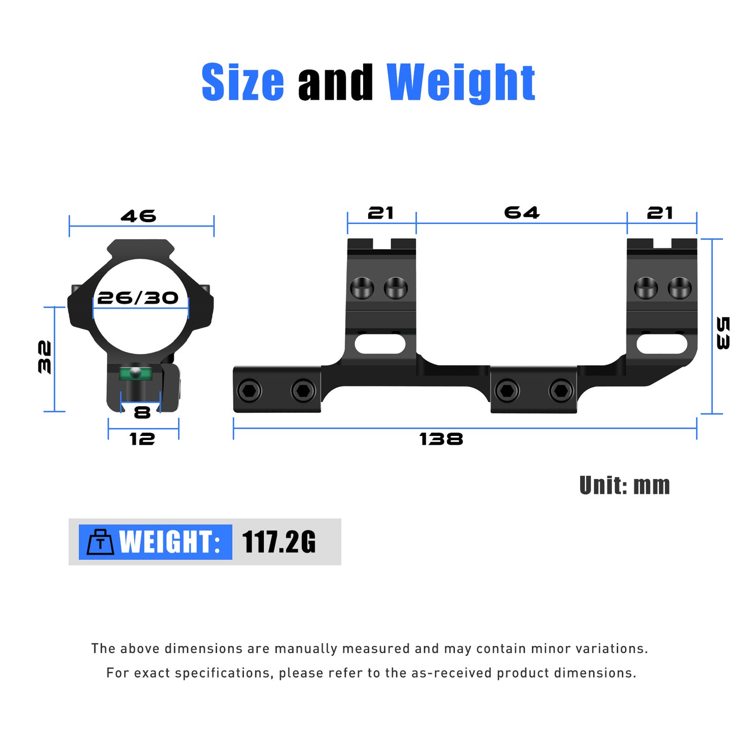 Monobloco para Trilho Dovetail de 11mm Anéis de Mira 25,4mm/30mm com Nível de Bolha