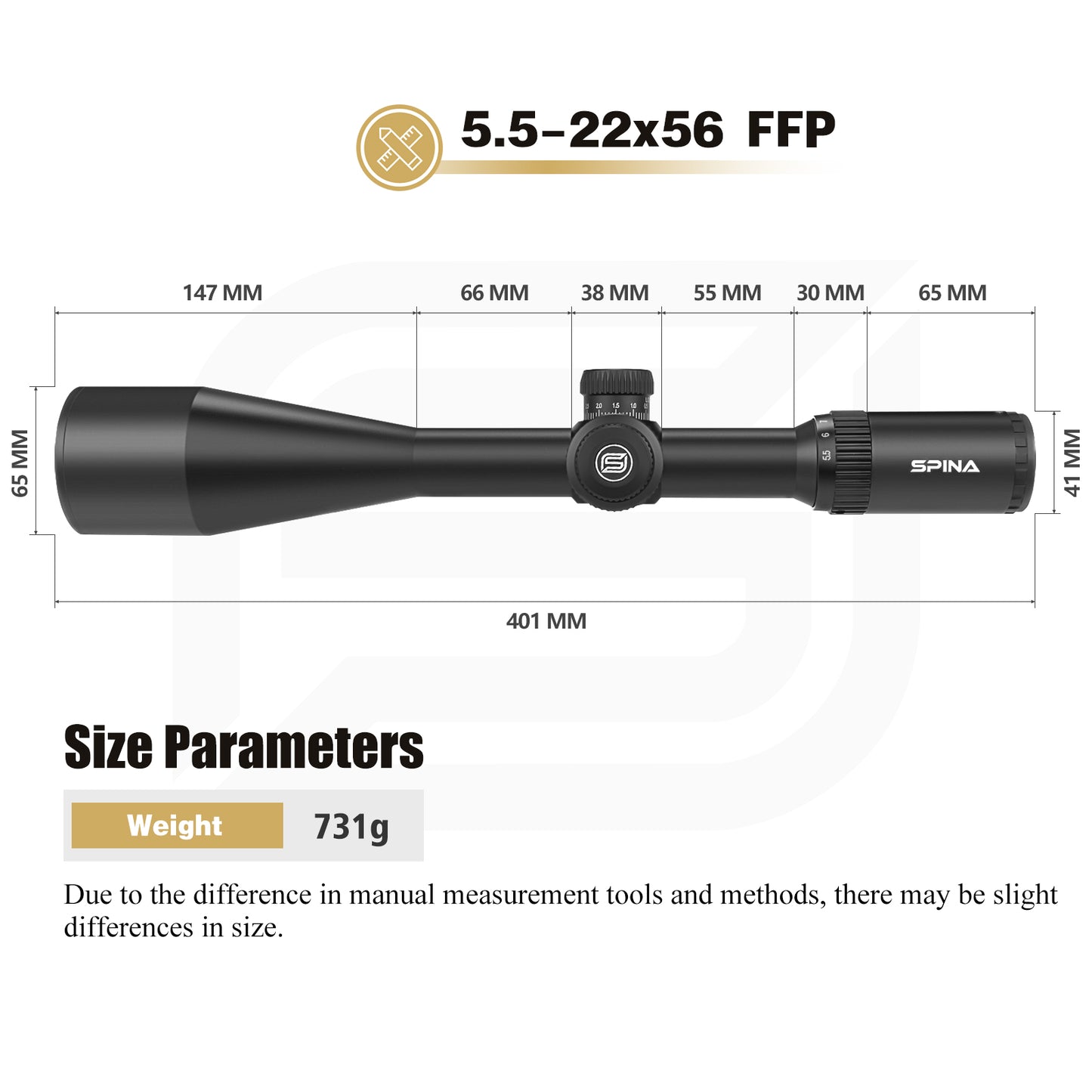 SPINA OPTICS WolfChase HD 5.5-22x56E FFP SFIR Com retículo iluminado Parallax 10 jardas até o infinito