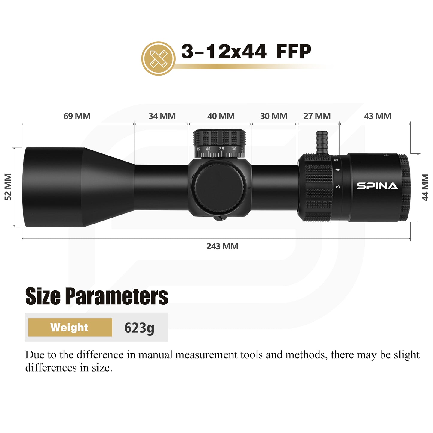 SPINA OPTICS Riptide HD 3-12x44 FFP SFIR Com retículo iluminado Parallax 8 jardas até o infinito