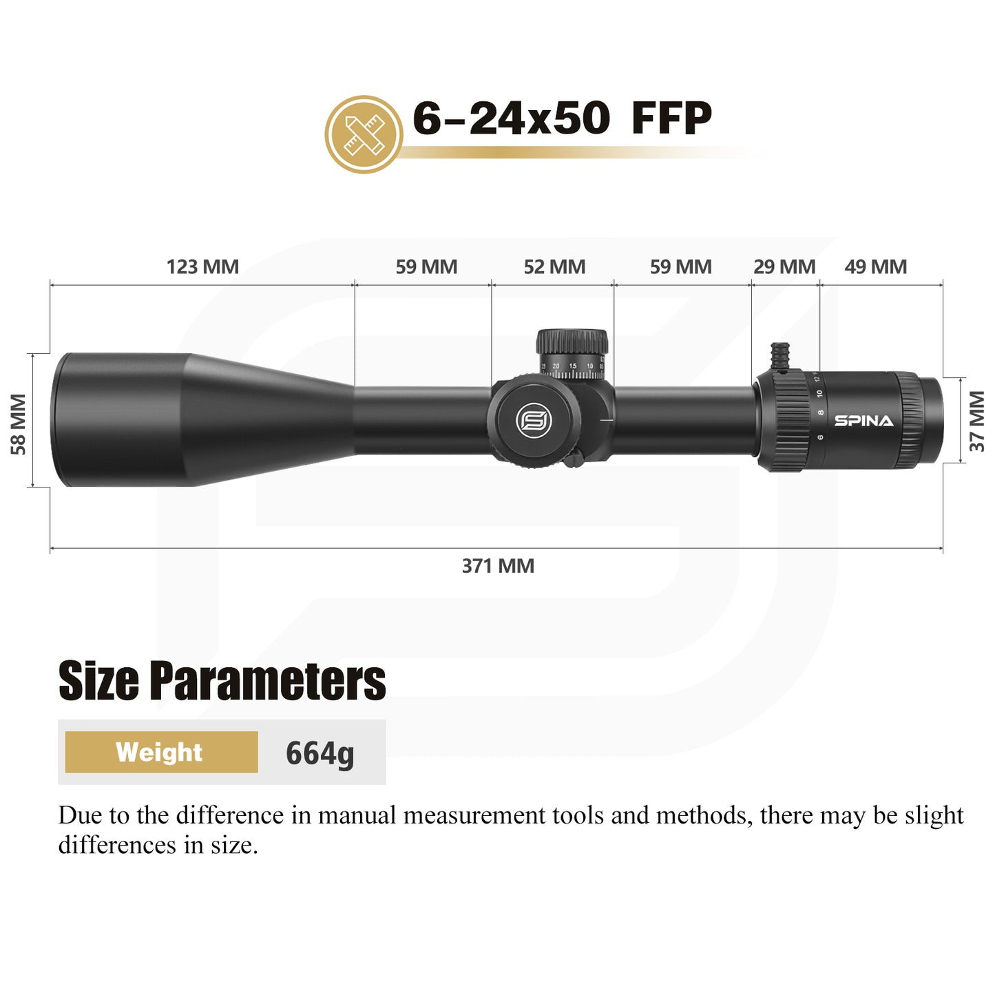 SPINA OPTICS WolfChase HD 6-24x50 FFP SF Parallax 10 jardas até o infinito