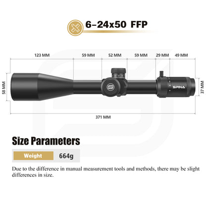 SPINA OPTICS WolfChase HD 6-24x50 FFP SF Parallax 10 jardas até o infinito