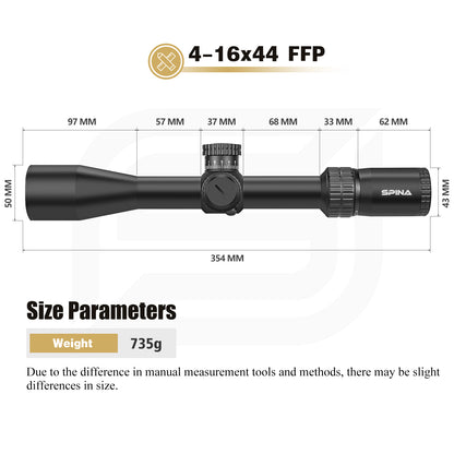 SPINA OPTICS NovaForce HD 4-16x44E FFP SFIR Com retículo iluminado Parallax 20 jardas até o infinito