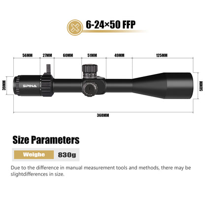 SPINA OPTICS Gen II WolfChase HD 6-24x50E FFP SF Parada no Zero,Parallax 10 jardas até o infinito