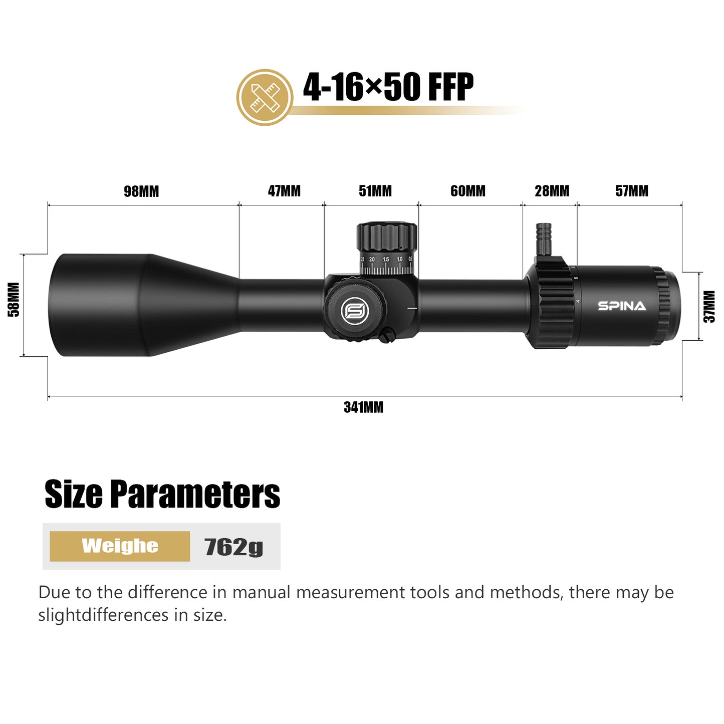 SPINA OPTICS Gen II WolfChase HD 4-16x50E FFP SF Parada no Zero,Parallax 10 jardas até o infinito