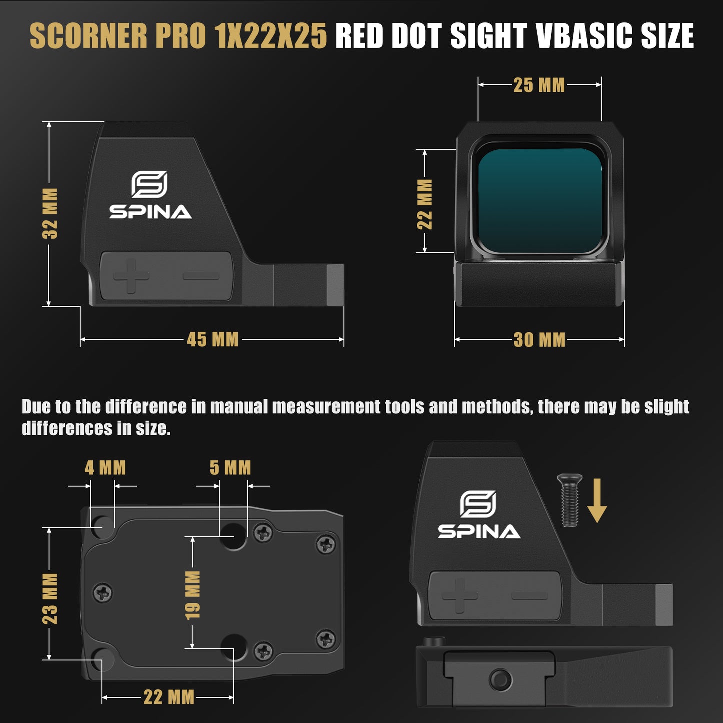 SPINA OPTICS Scorner Pro 1x22x25 Mira de Ponto Vermelho RMR para Pistola com Energia Solar
