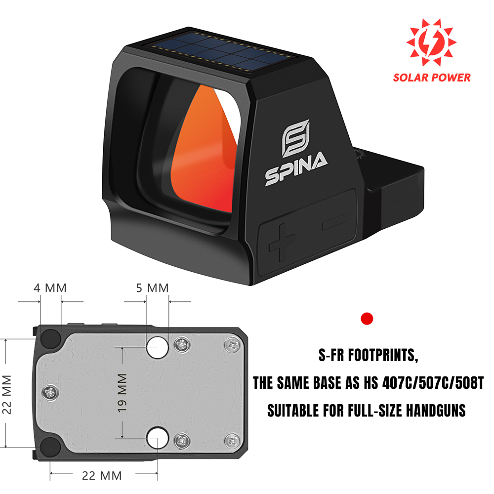 SPINA OPTICS Scorner Pro 1x22x25 Mira de Ponto Vermelho RMR para Pistola com Energia Solar